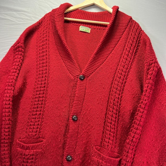 True Vintage Cardigan Sweater Mens Large Red Shawl White Fish Bay 70s 80s - Picture 1 of 12